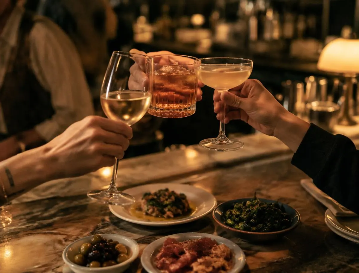 Hands clinking glasses over a bar top