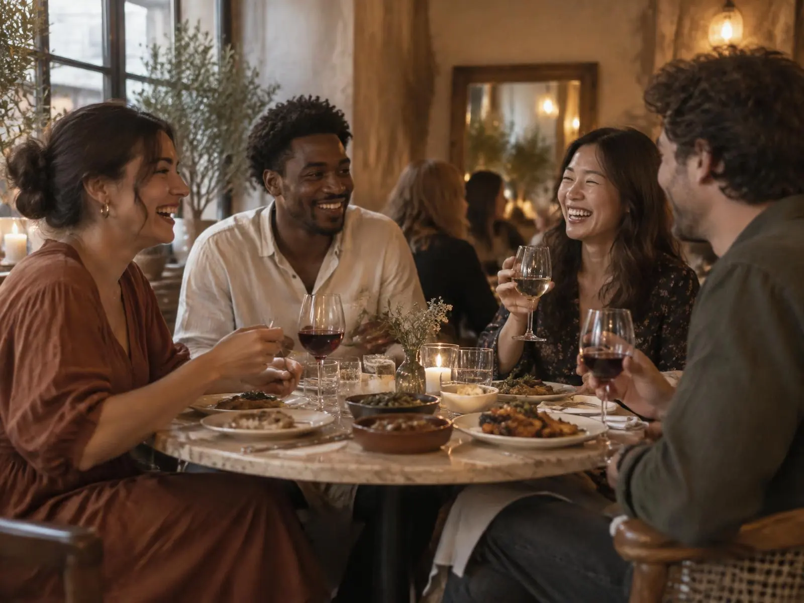Four people laughing around a dinner table